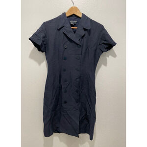 Vintage Womens Dress Size 2 Navy Silk Linen Double Breasted Old Money Secretary